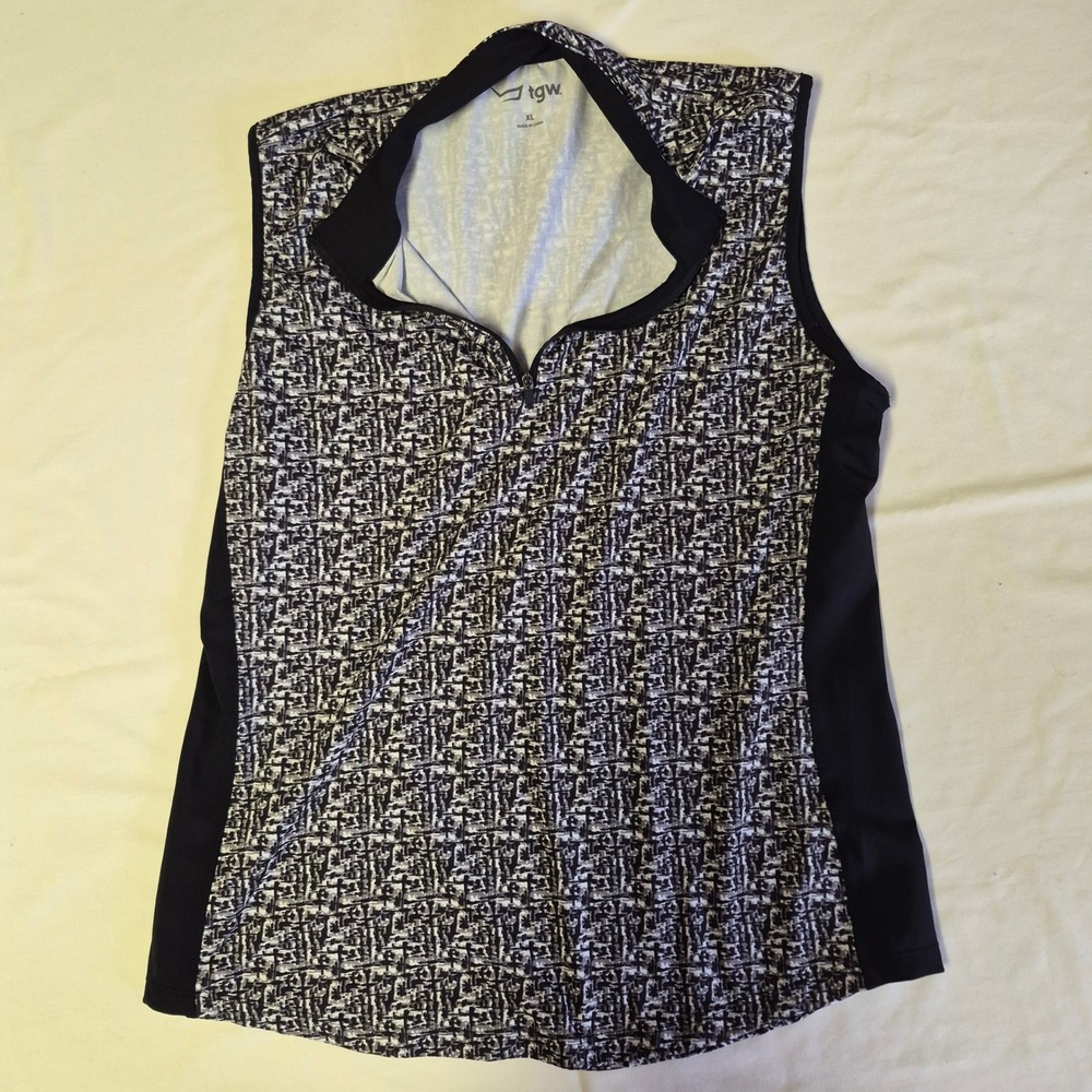 TGW Womens XL Sleeveless Golf Polo Shirt Black White Abstract Print Quarter Zip